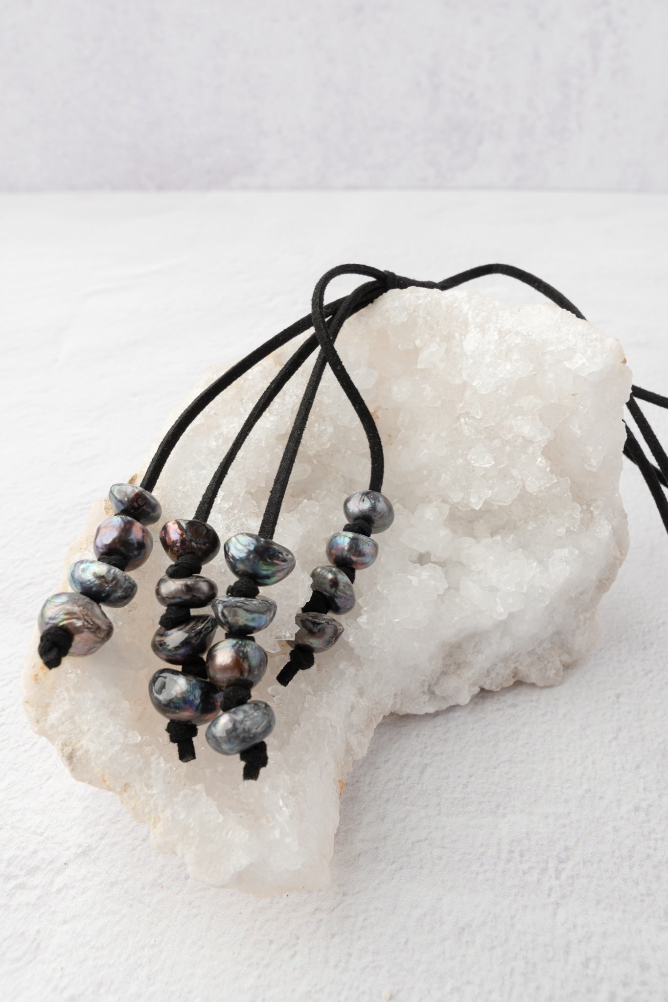 Escape from Paris Peacock Pearl Necklace, Black Suede
