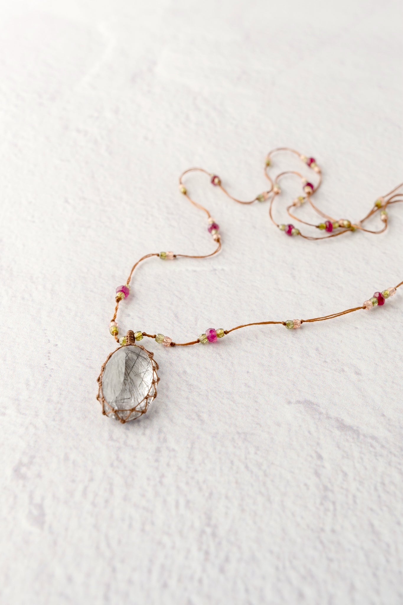 Sharing Bijoux Long Tibetan Gemstone Pendant, Rutilated Quartz