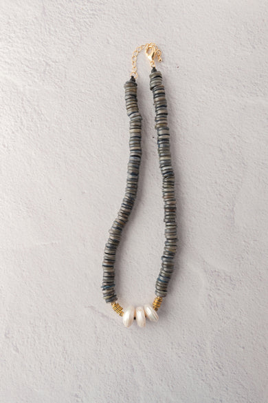 Escape from Paris Denim Heishi Gold and Pearl Necklace