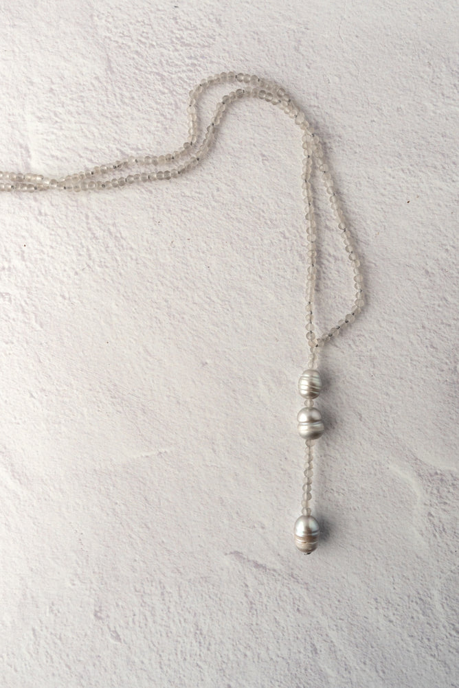 Escape from Paris Pearl Crystal Y Necklace, Gray