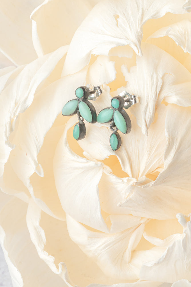 Jane Diaz Tiny Cabochon Stone Flower Stud, Chrysoprase