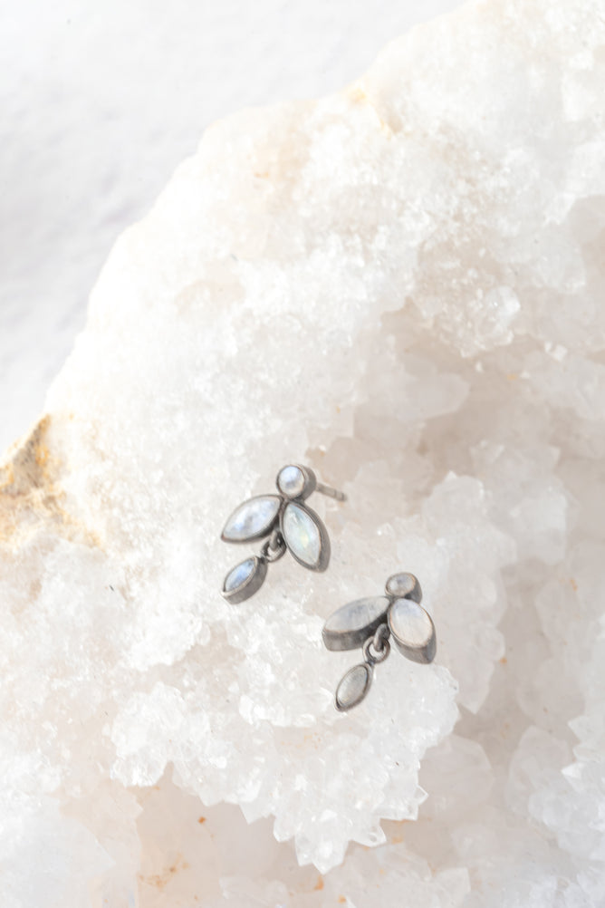 Jane Diaz Tiny Cabochon Stone Flower Stud, Rainbow Moonstone