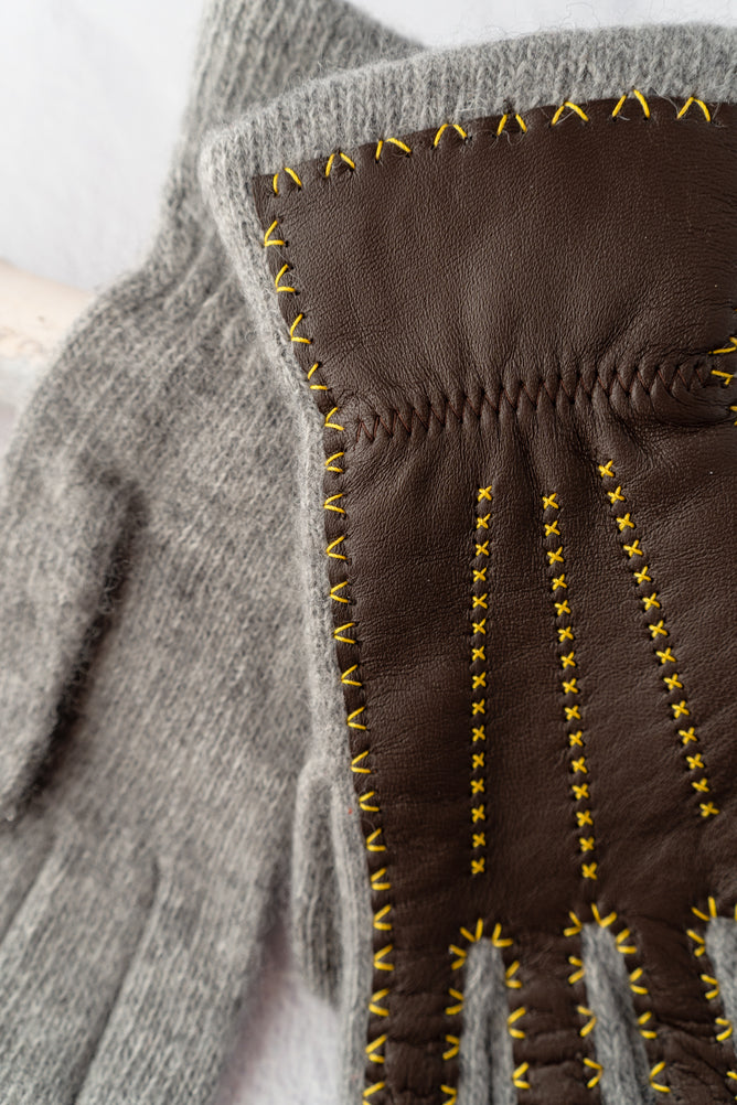 Santacana Madrid Contrast Stitch Leather and Wool Gloves, Gris