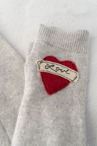 Sardine Recycled Cashmere Handwarmers, Tattoo Heart Love, Red/Gray