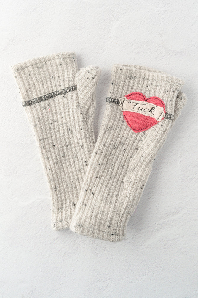 Sardine Recycled Cashmere Handwarmers, Tattoo Heart F*ck, Gray/Pink