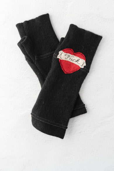 Sardine Recycled Cashmere Handwarmers, Tattoo Heart F*ck, Black/Red