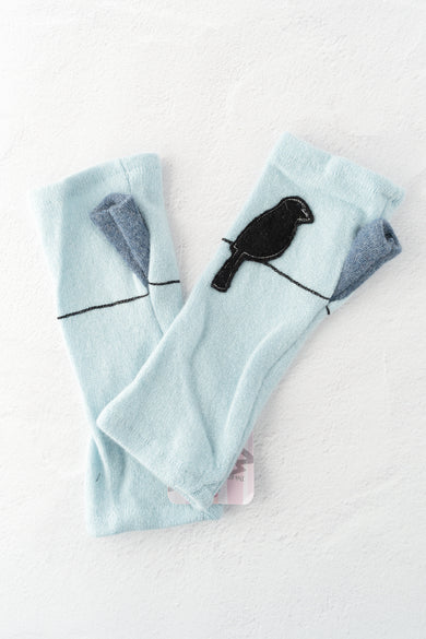 Sardine Recycled Cashmere Handwarmers, Bird on Wire/Aqua