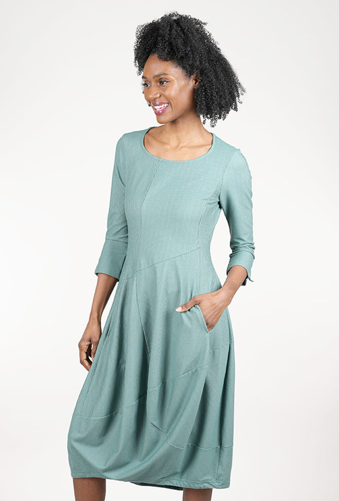 Rundholz Knit Texture Sleeved Shapely Dress, Grass Stripe