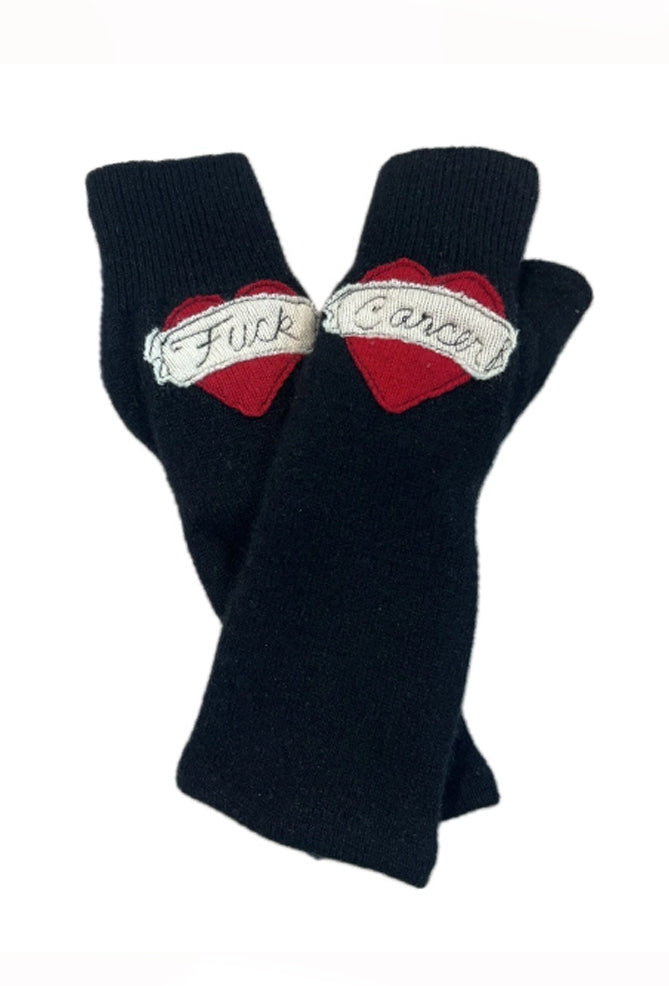 Sardine Recycled Cashmere Handwarmers, F* Cancer/Red on Black