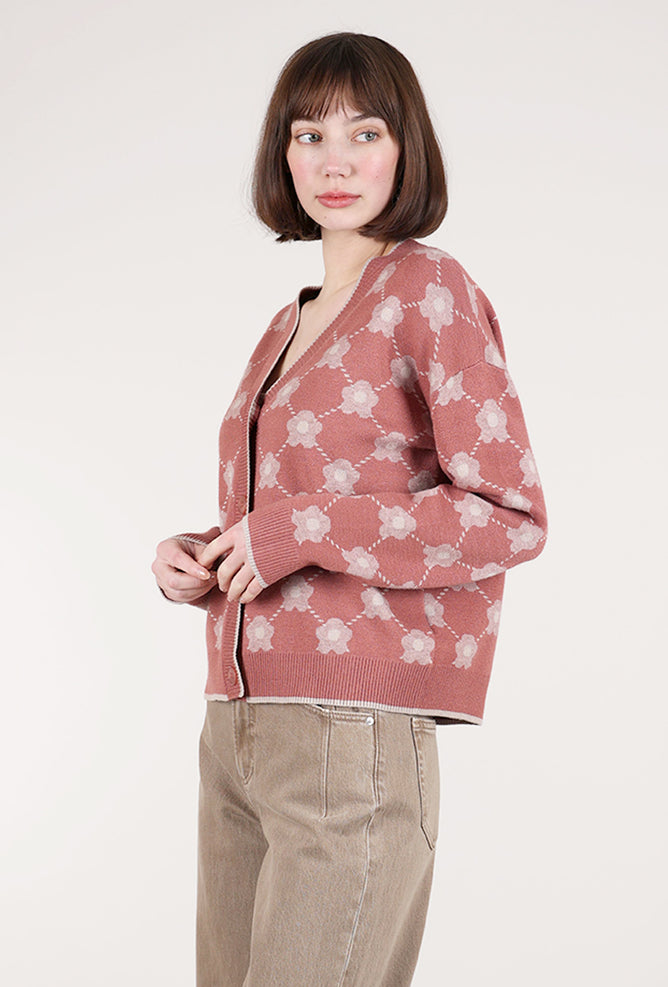 Hem & Thread Flower Jacquard Cardie, Terracotta