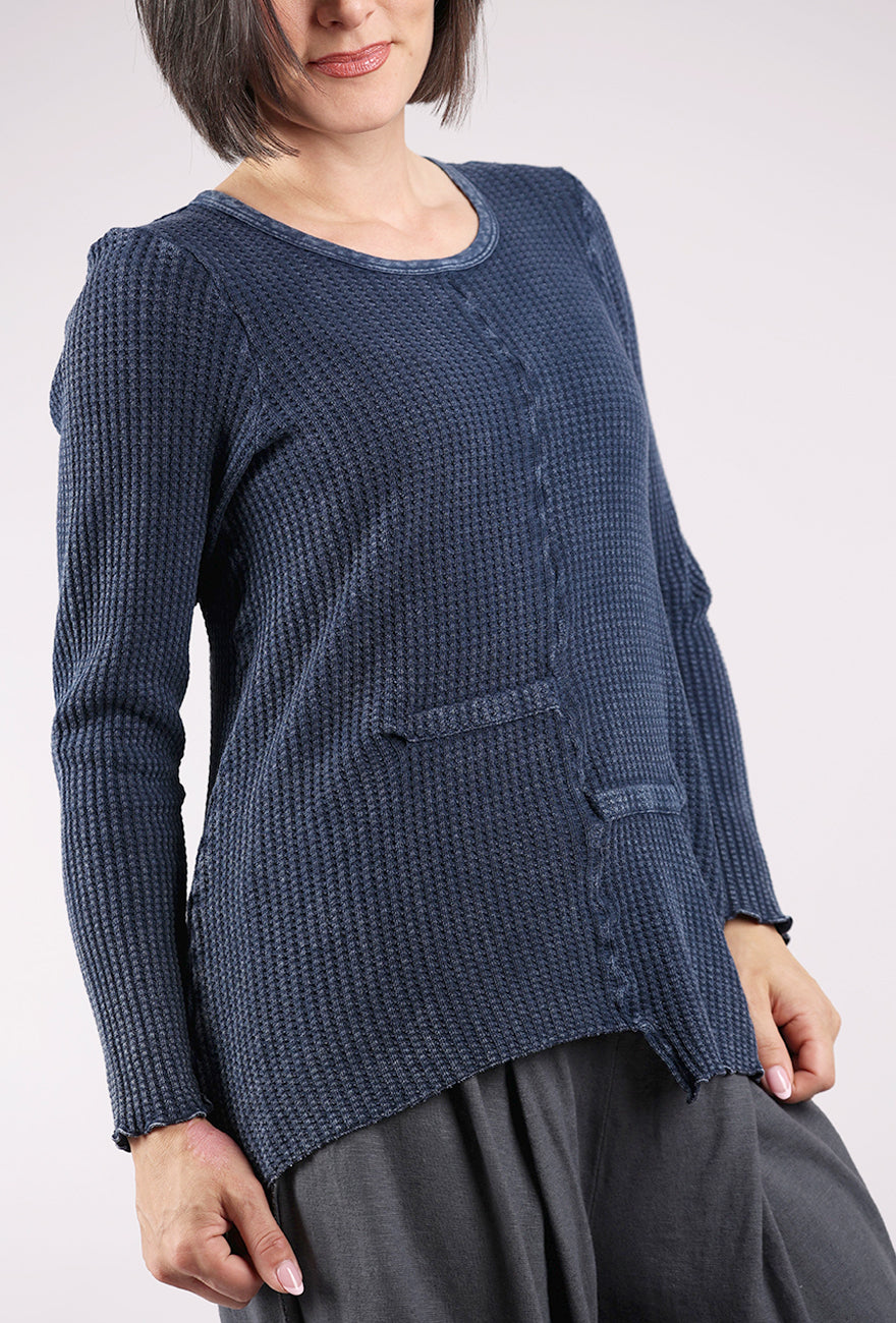 Fenini Garment Dye Waffle Pleat Top, Denim