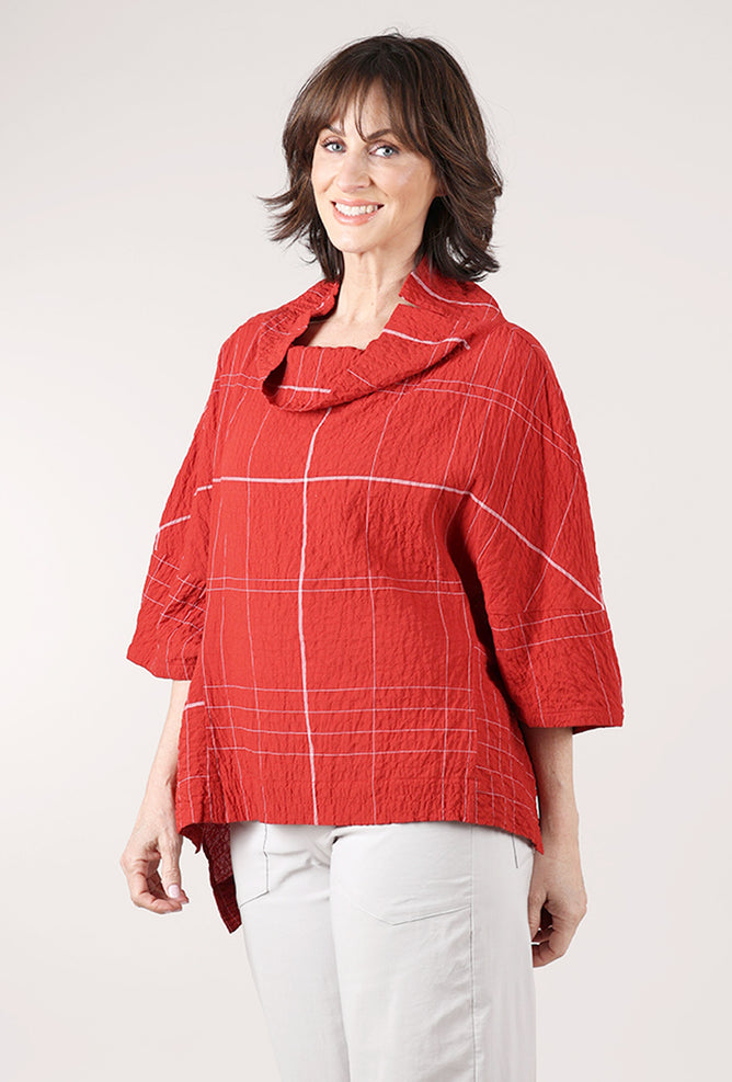 Moyuru Woven Plaid Cowl Blouse, Red