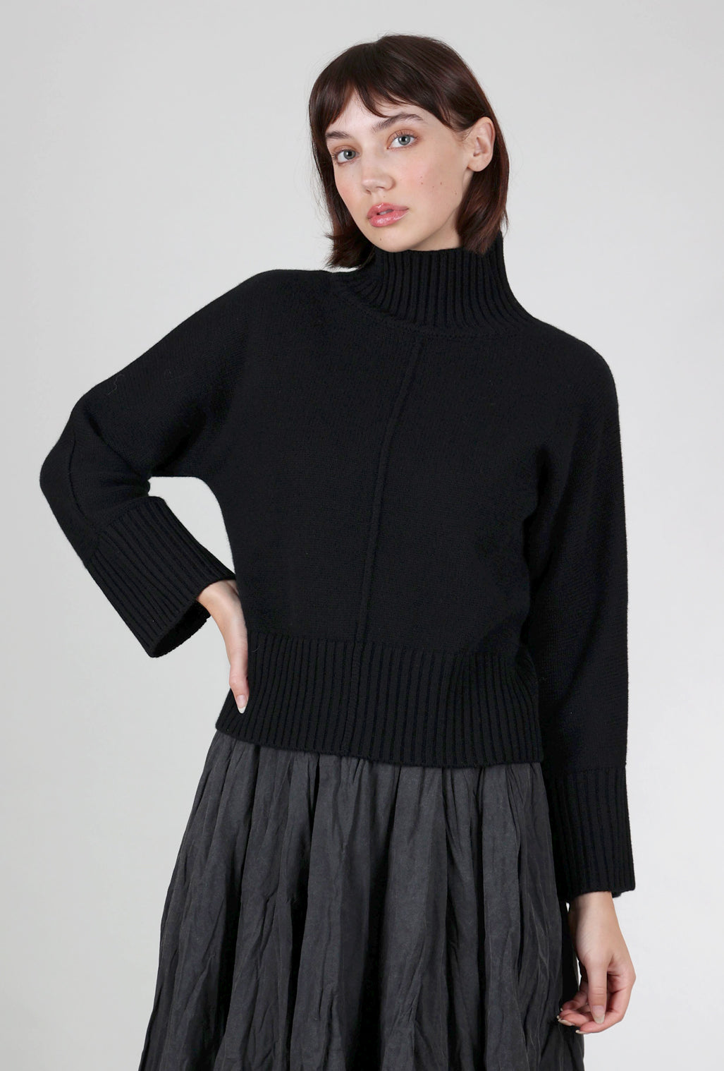 Kinross Cashmere Luxe Cashmere Rib Trim Mockneck, Black