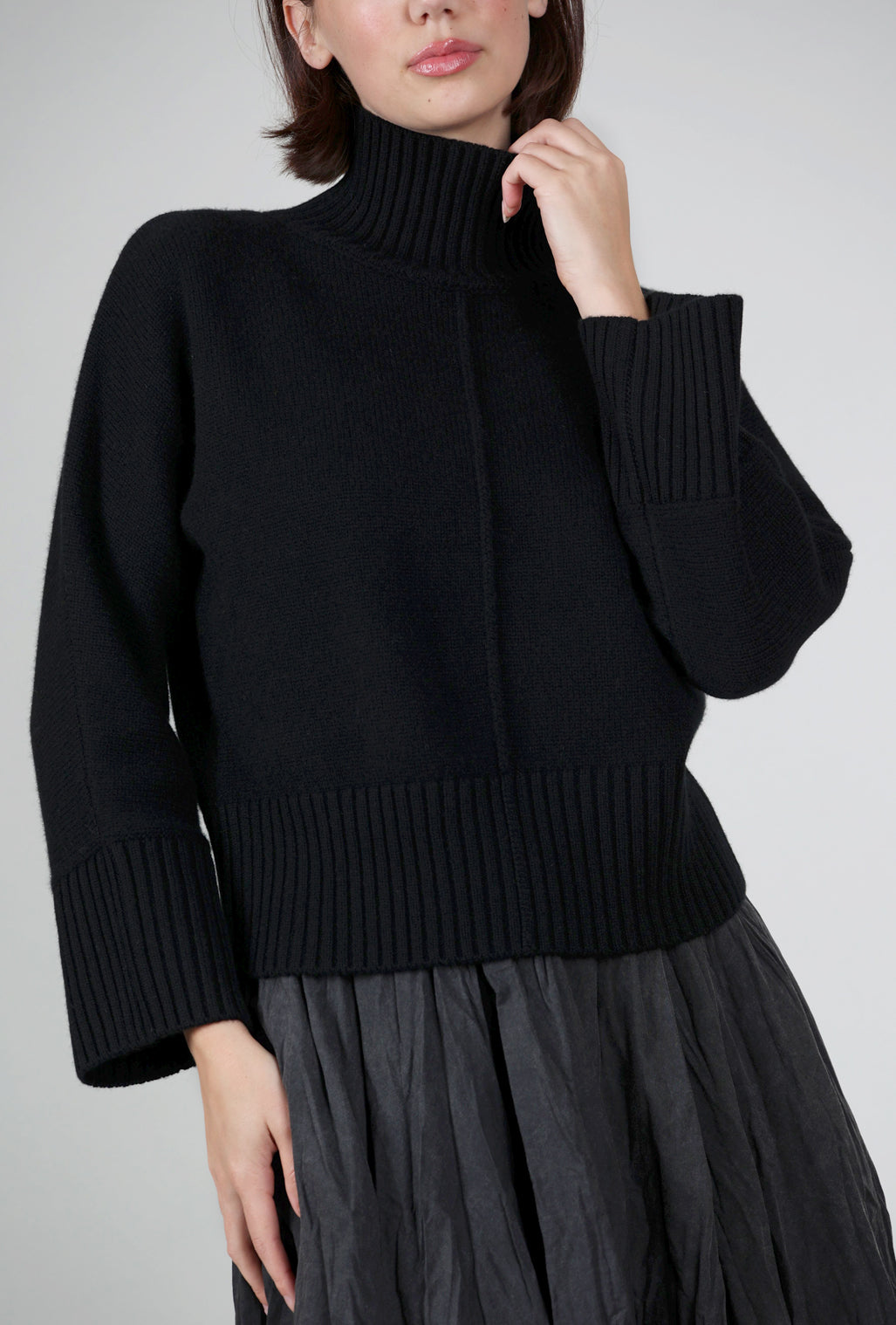 Kinross Cashmere Luxe Cashmere Rib Trim Mockneck, Black