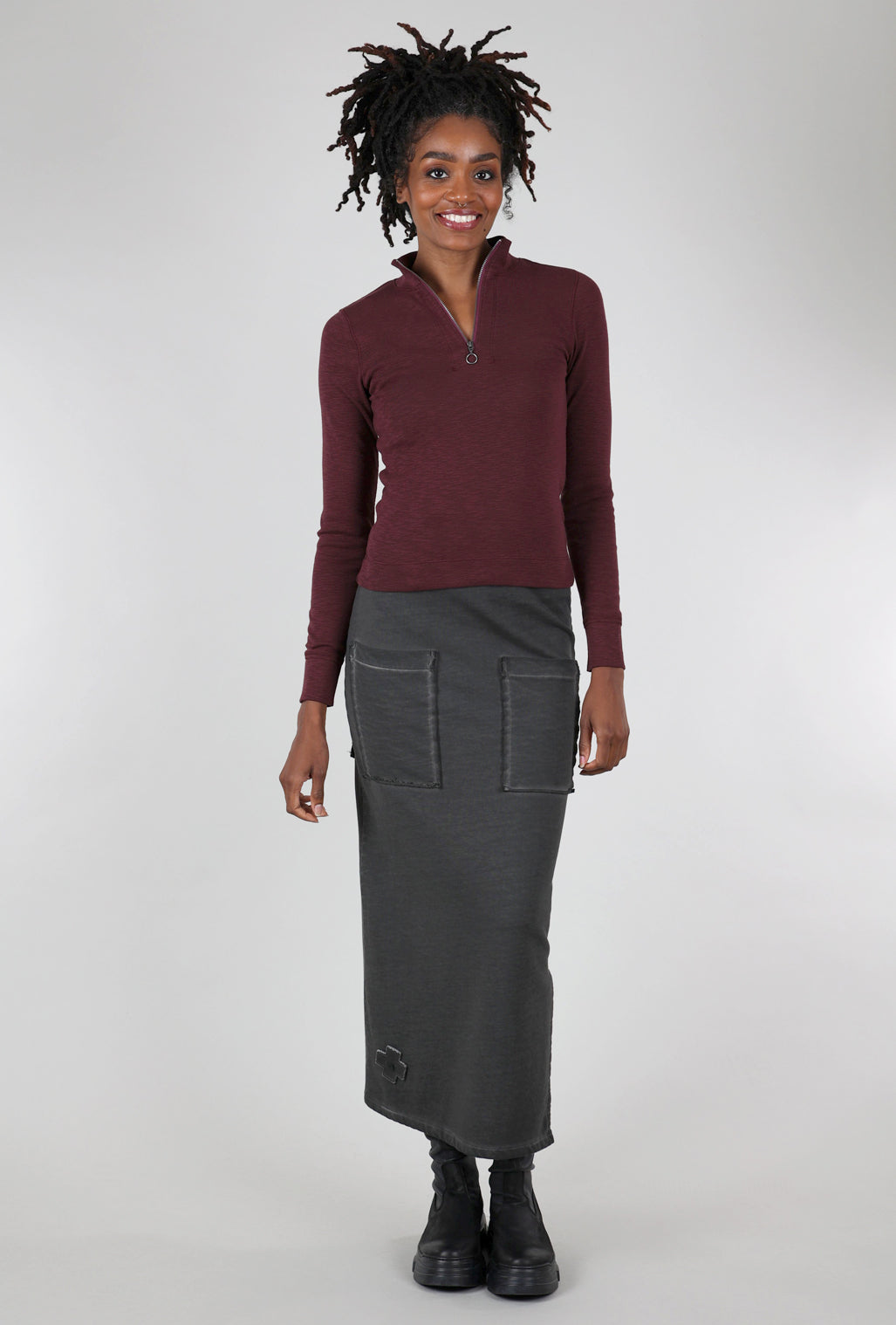Lilla P Zip-Front Mock Neck Top, Wine