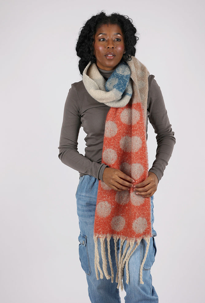 Knit Bon Bons Oversize Polka Dot Patchwork Scarf, Coral/Blue