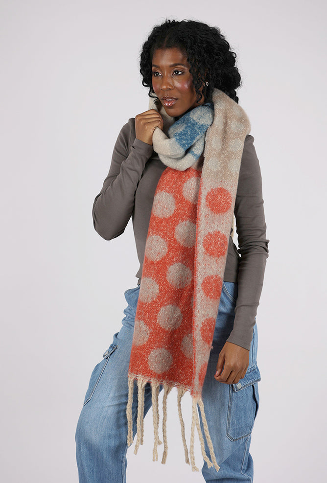 Knit Bon Bons Oversize Polka Dot Patchwork Scarf, Coral/Blue