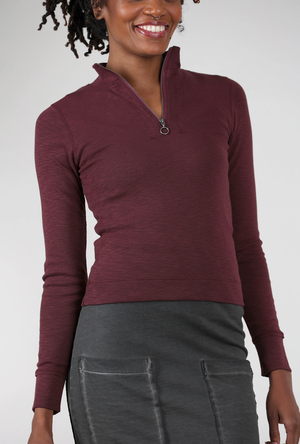 Lilla P Zip-Front Mock Neck Top, Wine