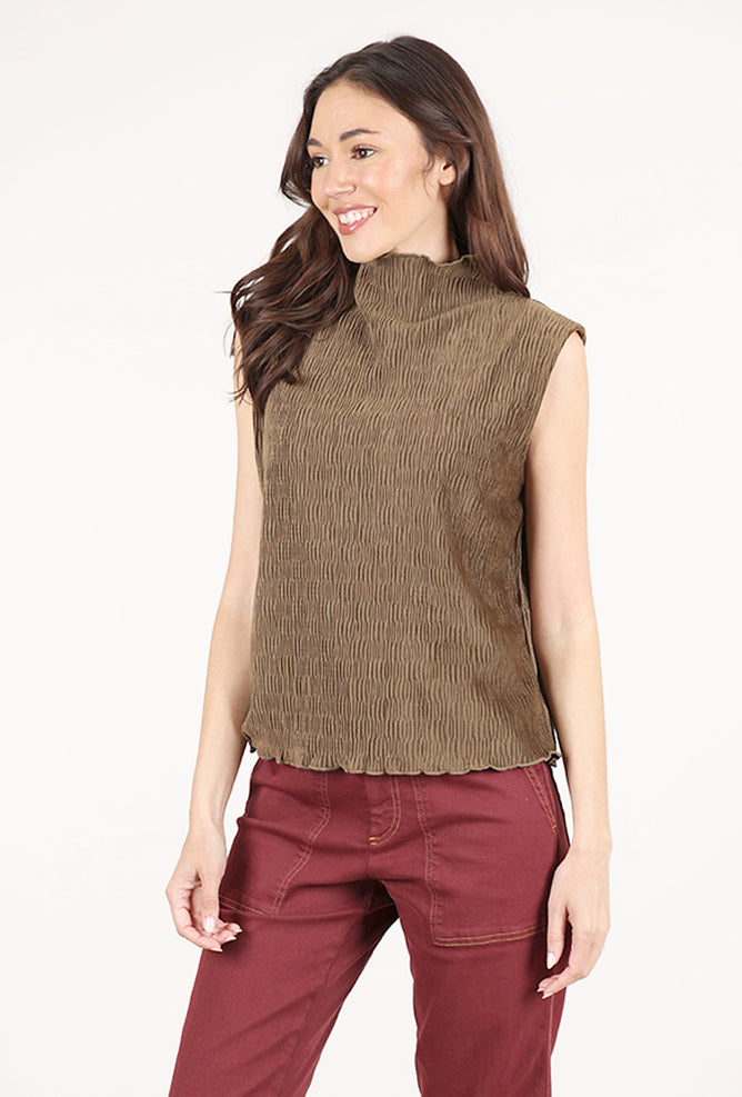 Grade & Gather Crinkled Velvet Mock Top, Dark Moss