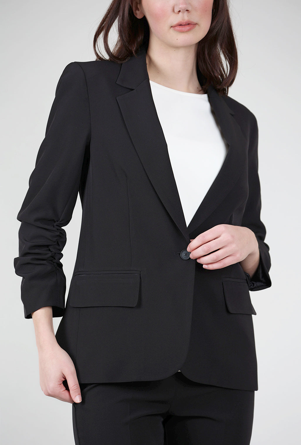Estelle & Finn Crepe Ruched-Sleeve Blazer, Black
