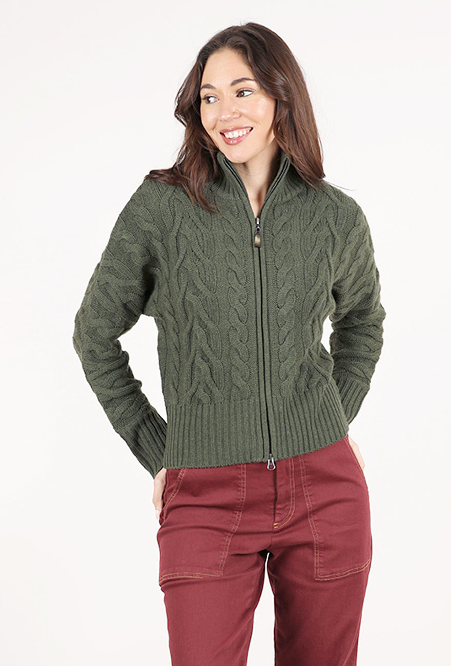 Kinross Cashmere Luxe Cable Zip Cardie, Loden
