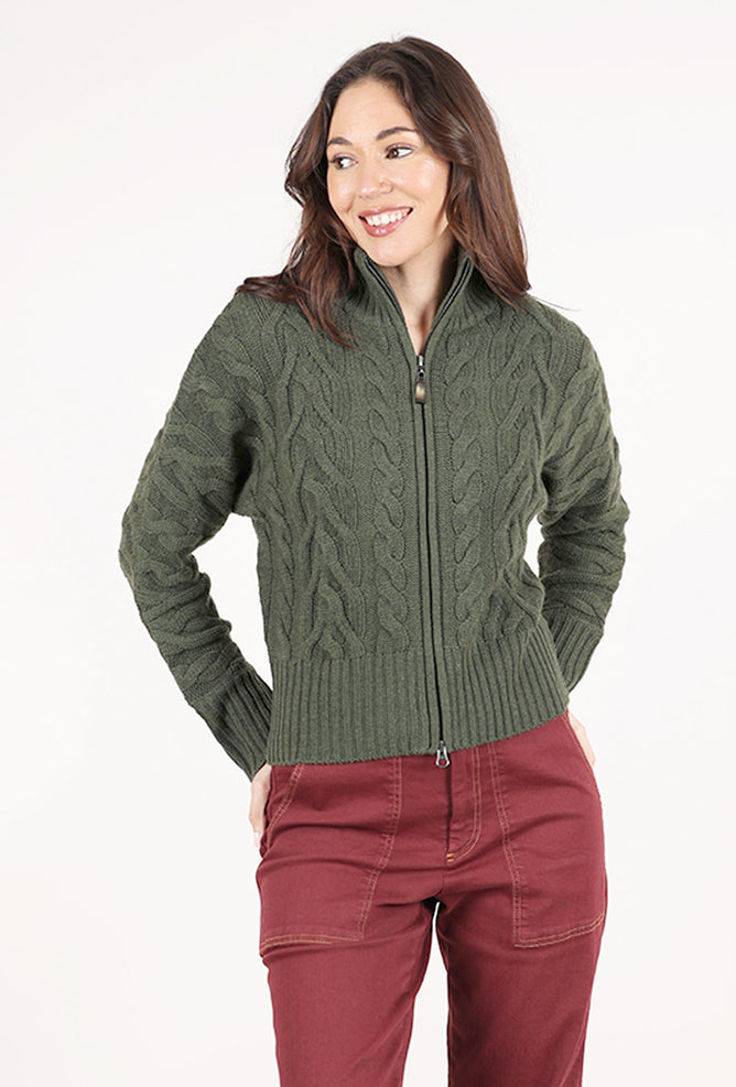 Kinross Cashmere Luxe Cable Zip Cardie, Loden