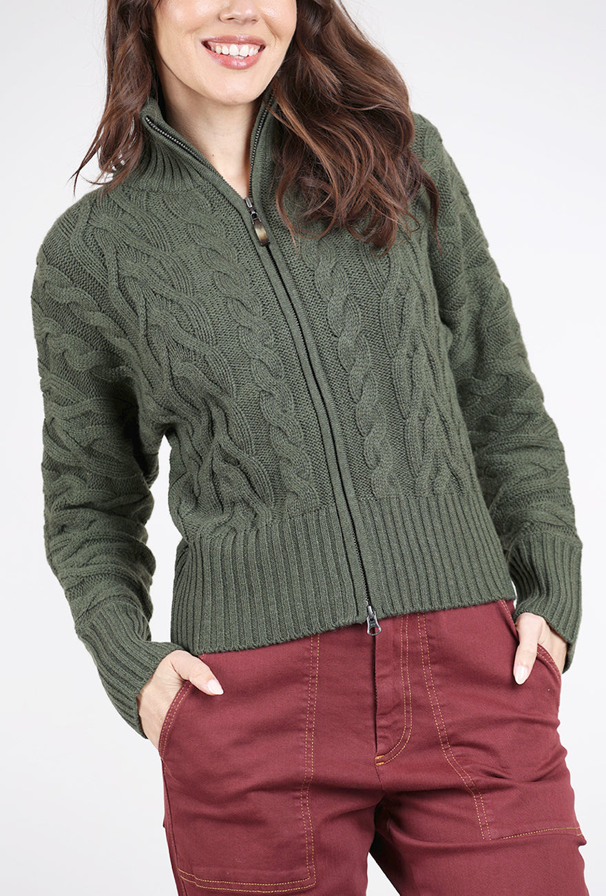 Kinross Cashmere Luxe Cable Zip Cardie, Loden