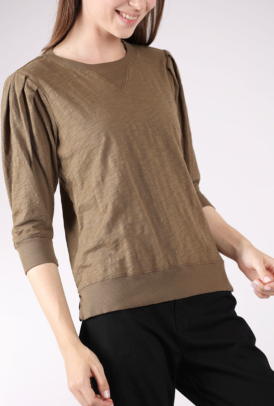 Pleated Sleeve Pullover Tee, Fern