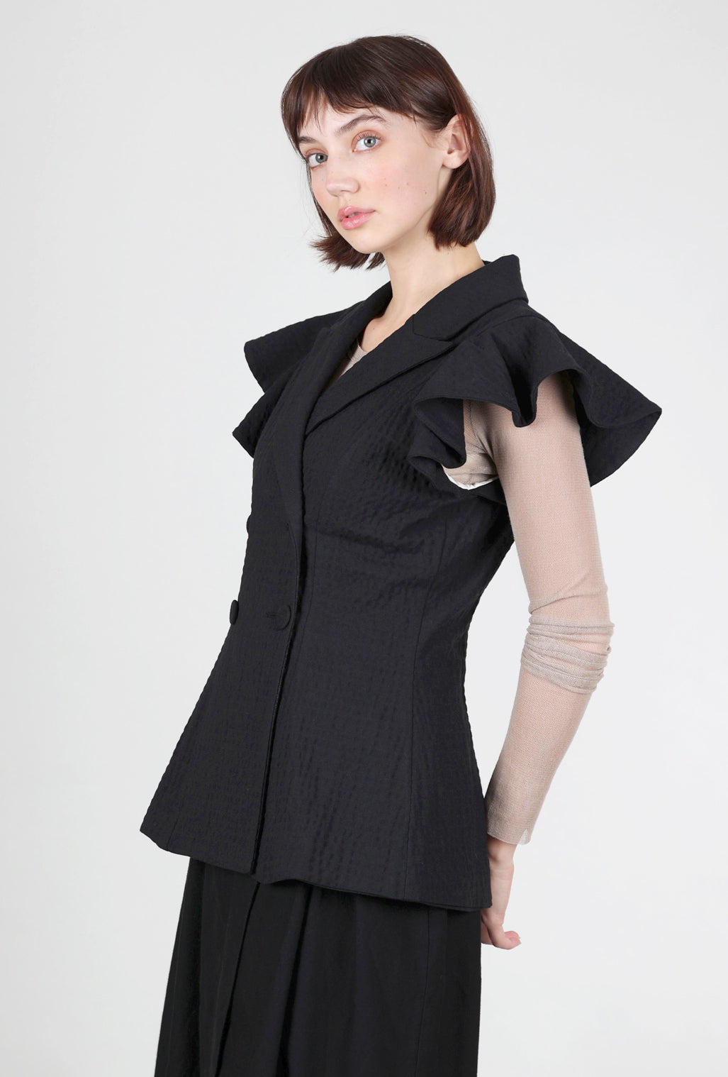 Baci Embossed Ruffle Vest, Black