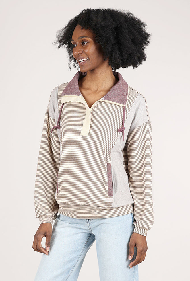Brushed Half Zip Pullover, Ecru/Mauve