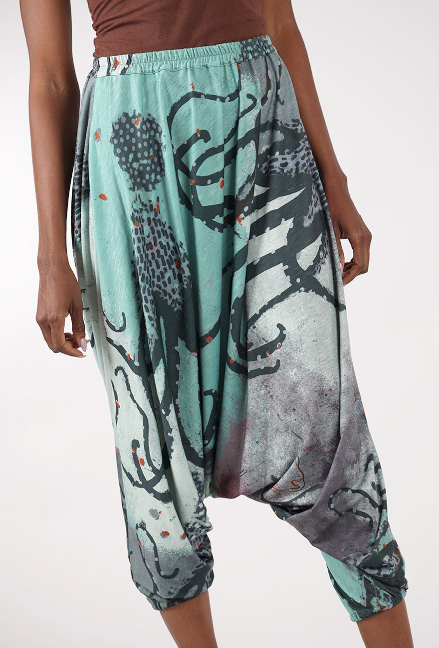 3 Potato Knit Harem Pant, Aqua/Gray