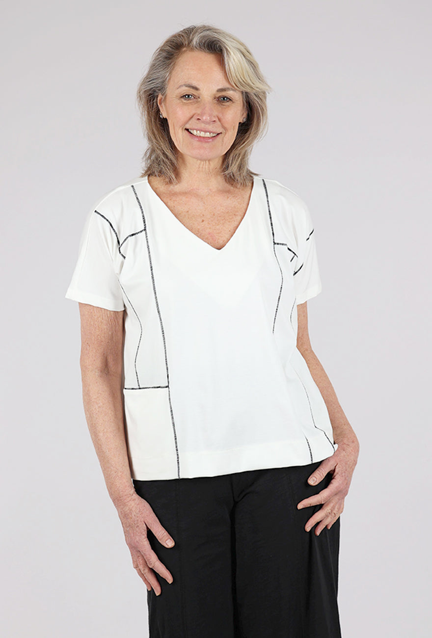 Ozai Contrast Stitch Pocket Top, Ivory
