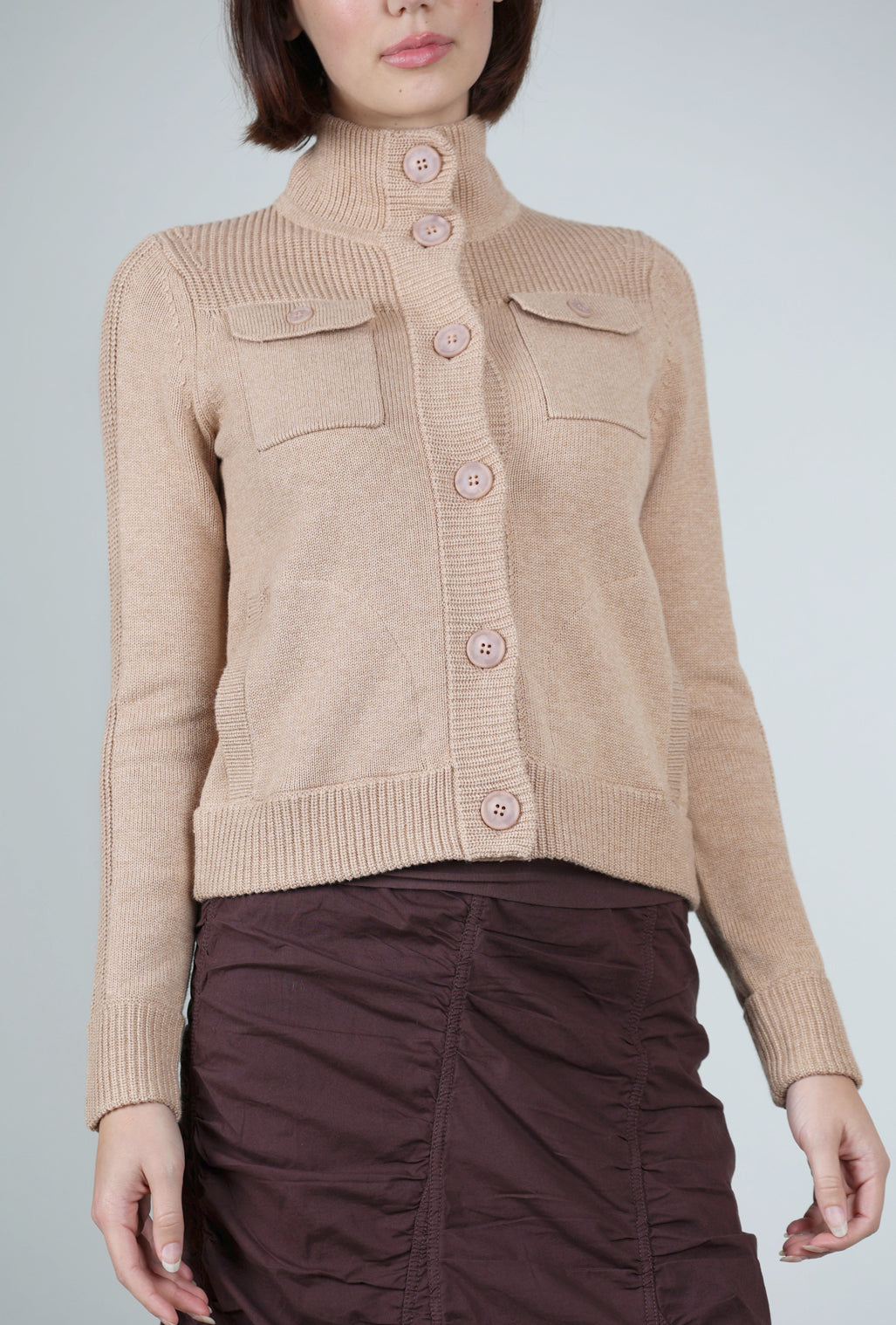 Kinross Cashmere Cotton Cargo Cardie, Camel