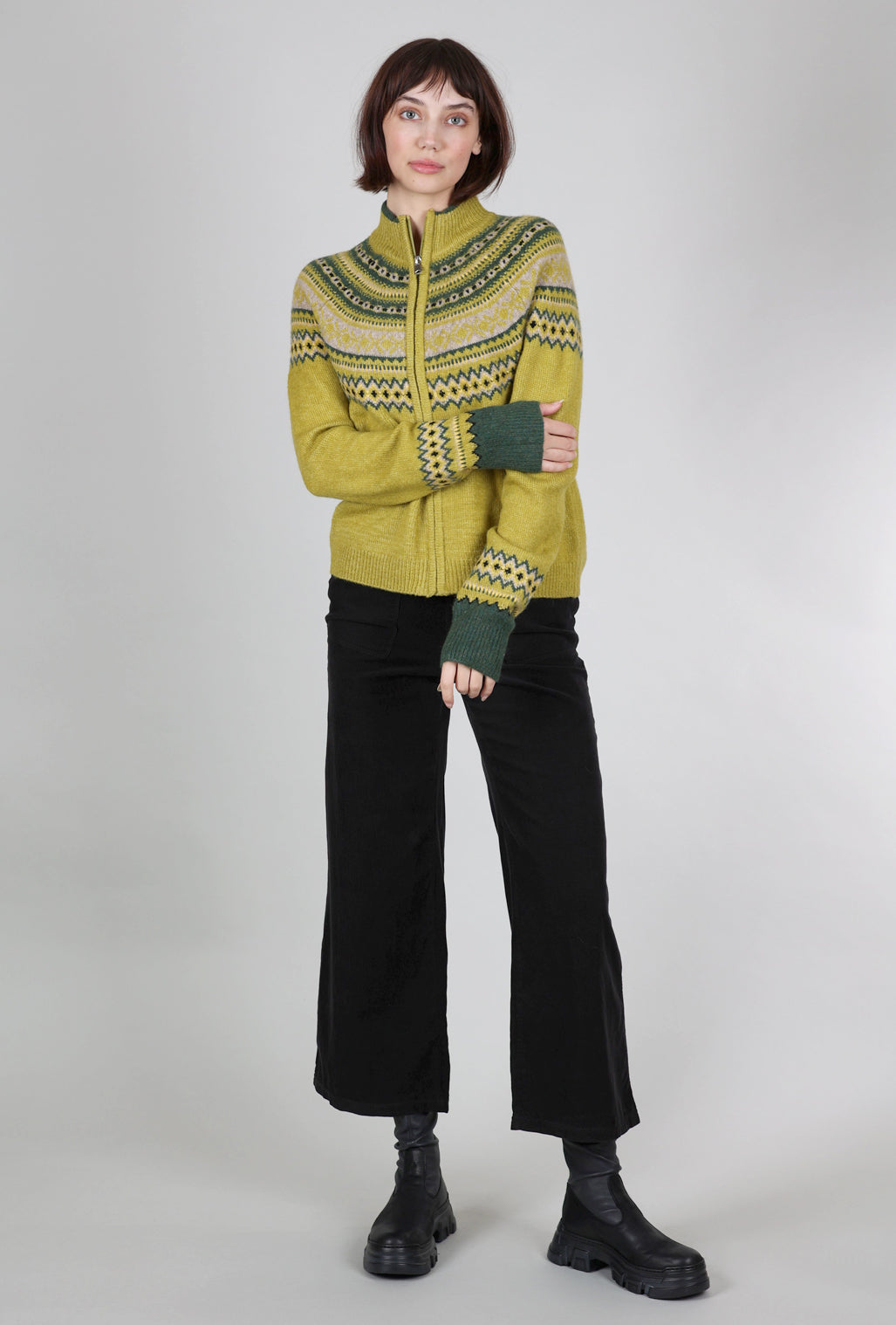 MDM Fair Isle Zip Cardie, Chartreuse
