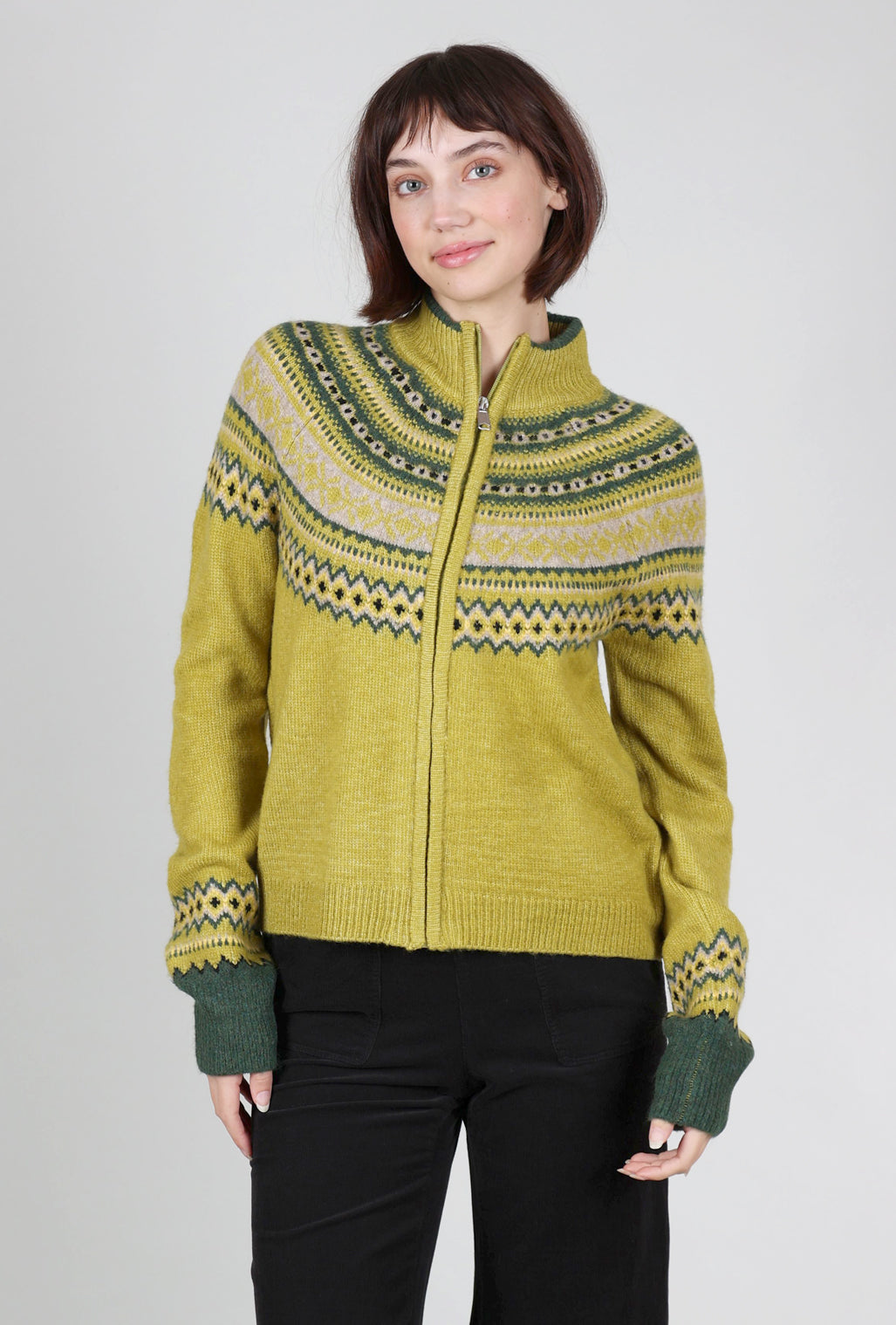 MDM Fair Isle Zip Cardie, Chartreuse