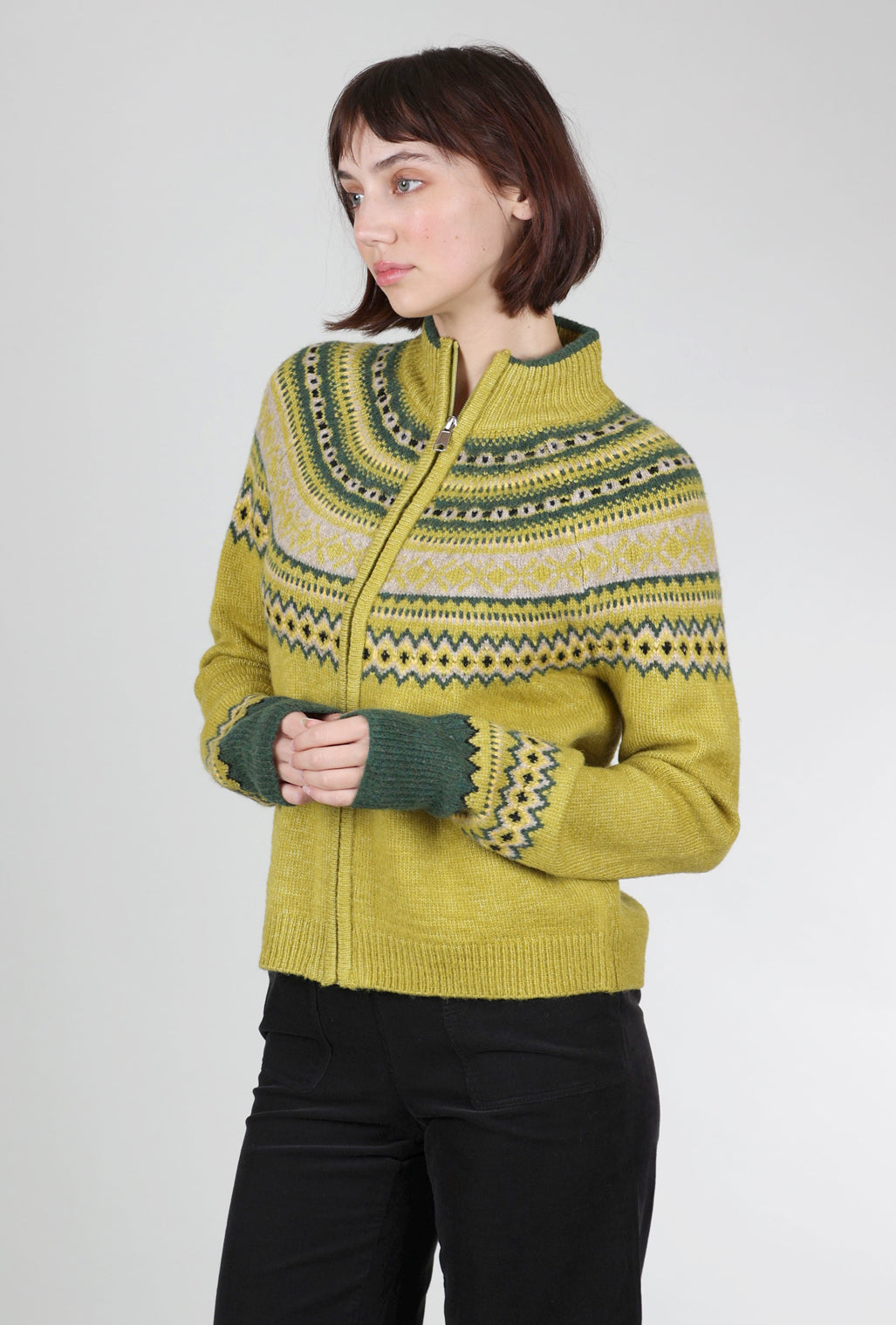 MDM Fair Isle Zip Cardie, Chartreuse