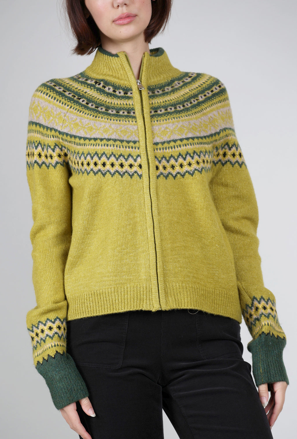 MDM Fair Isle Zip Cardie, Chartreuse