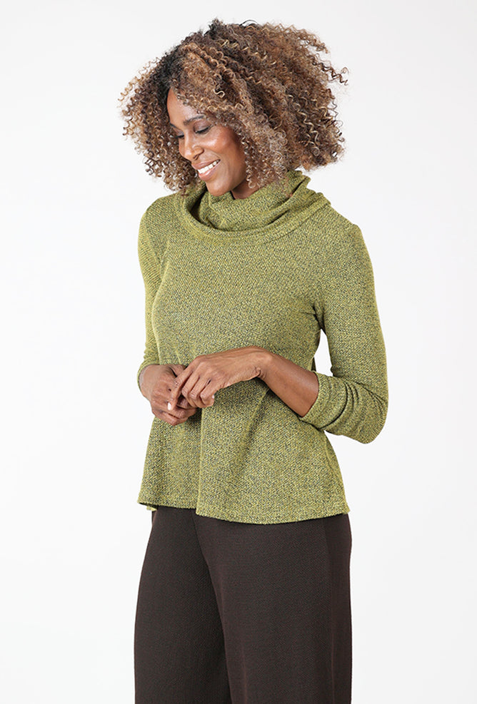 Marled Knit Cowl Pullover, Pea Angle 2