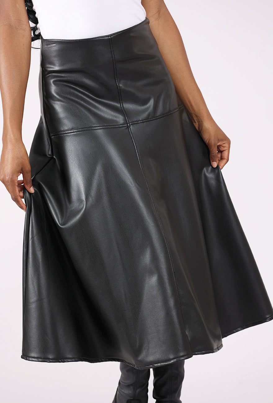 Isle by Melis Kozan Vegan Leather Godet Skirt, Black