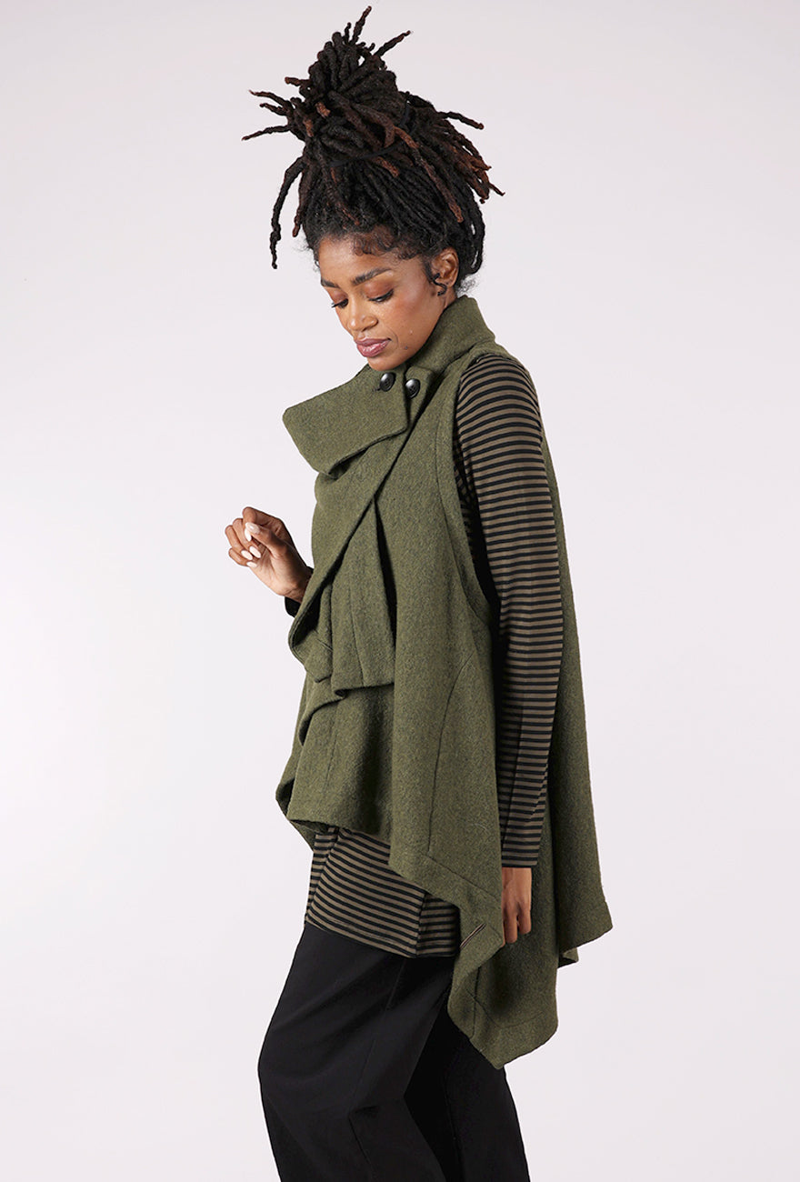 Moyuru Boiled Wool Drape Vest, Khaki