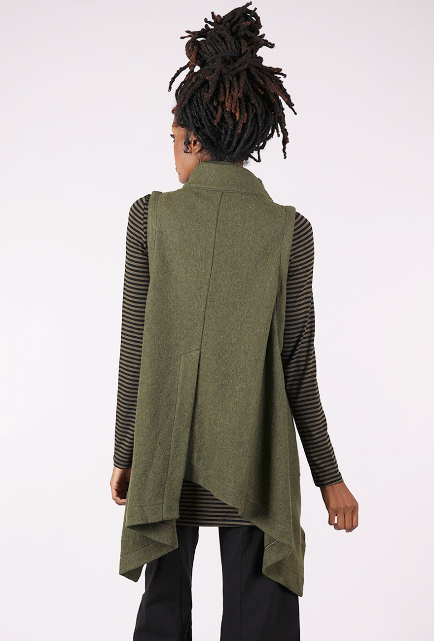 Moyuru Boiled Wool Drape Vest, Khaki