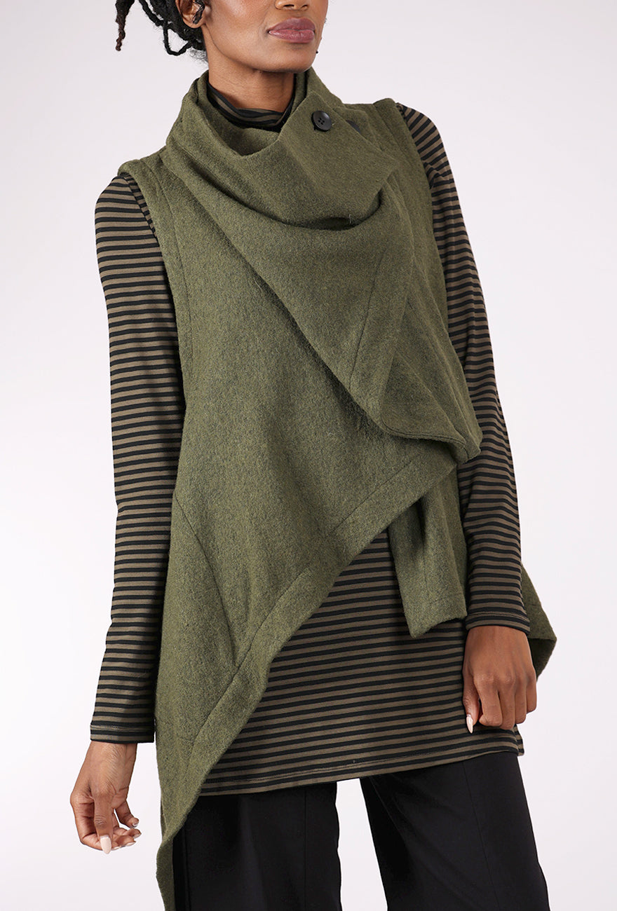 Moyuru Boiled Wool Drape Vest, Khaki