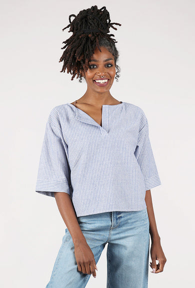 Mododoc Elbow Sleeve Split Neck Top, Ocean Stripe