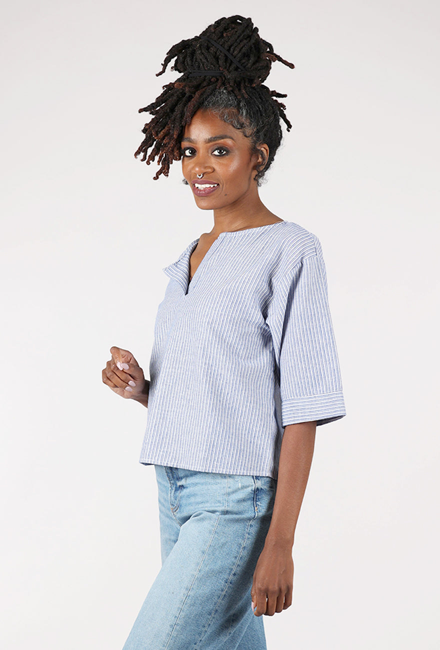 Mododoc Elbow Sleeve Split Neck Top, Ocean Stripe