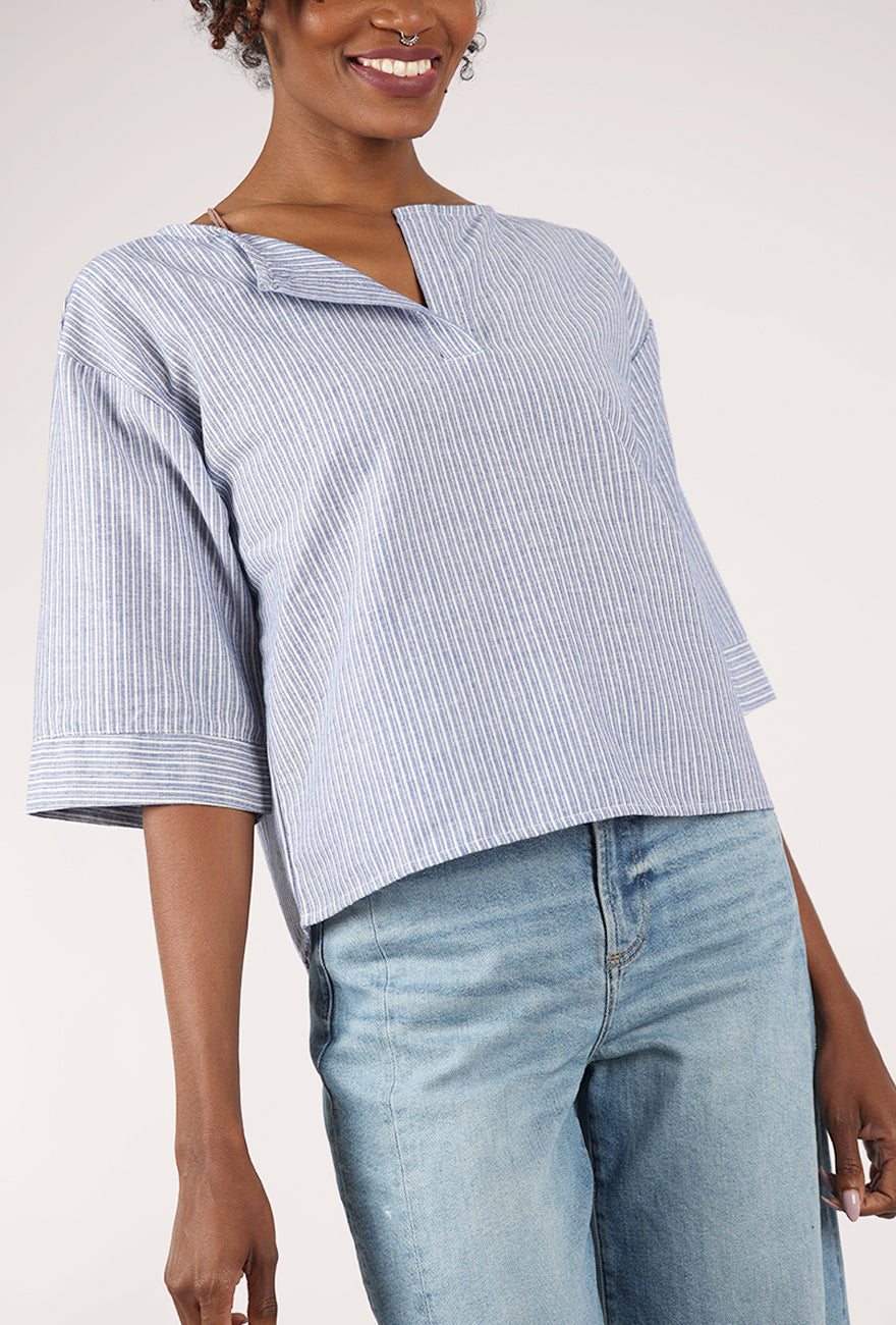 Mododoc Elbow Sleeve Split Neck Top, Ocean Stripe
