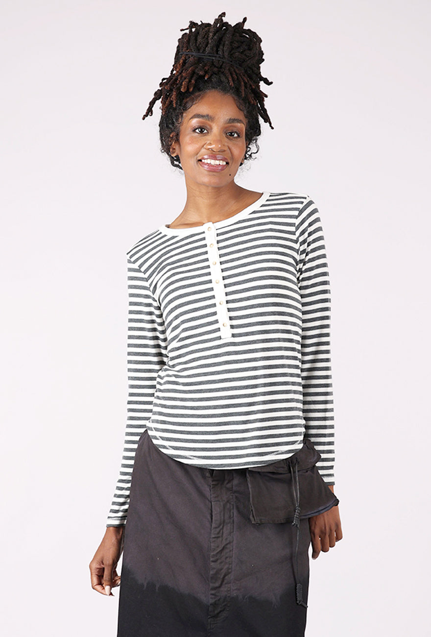 Slim Shirttail Stripe Henley, Ivory/Charcoal