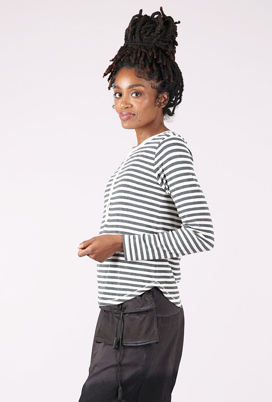 Slim Shirttail Stripe Henley, Ivory/Charcoal