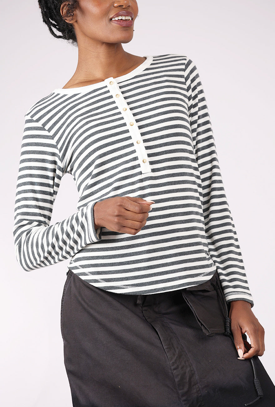 Slim Shirttail Stripe Henley, Ivory/Charcoal