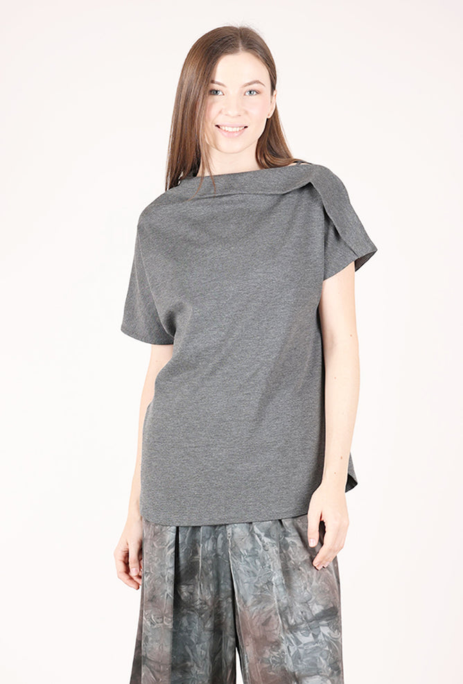 Noen Pleat Neck Ponte Top, Charcoal