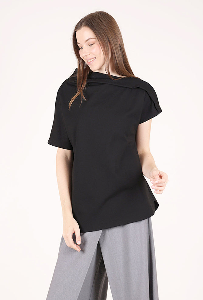 Noen Pleat Neck Ponte Top, Black